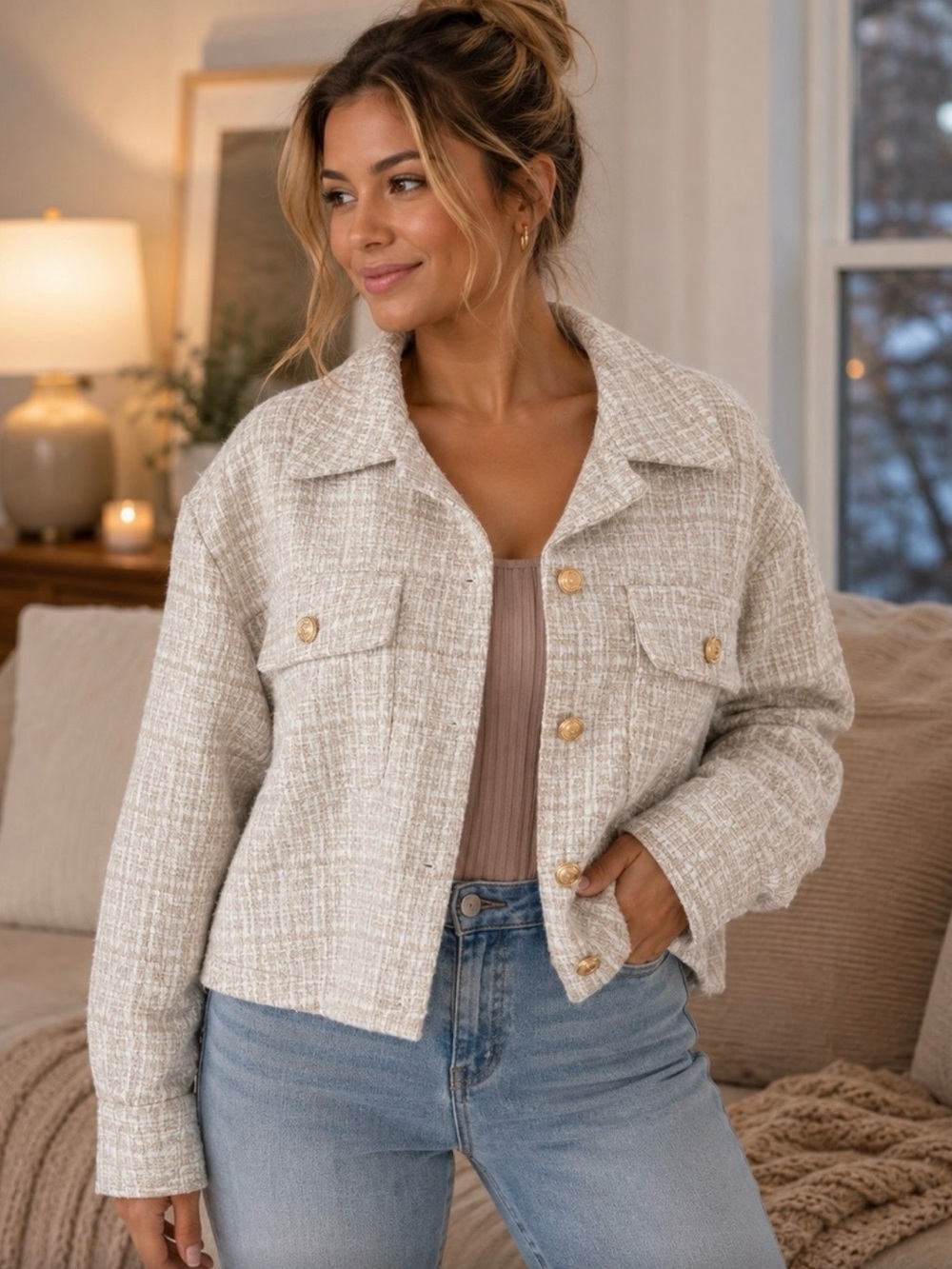 Marled NWT Shimmery Tweed Cropped Blazer Jacket – Off-White/Gold